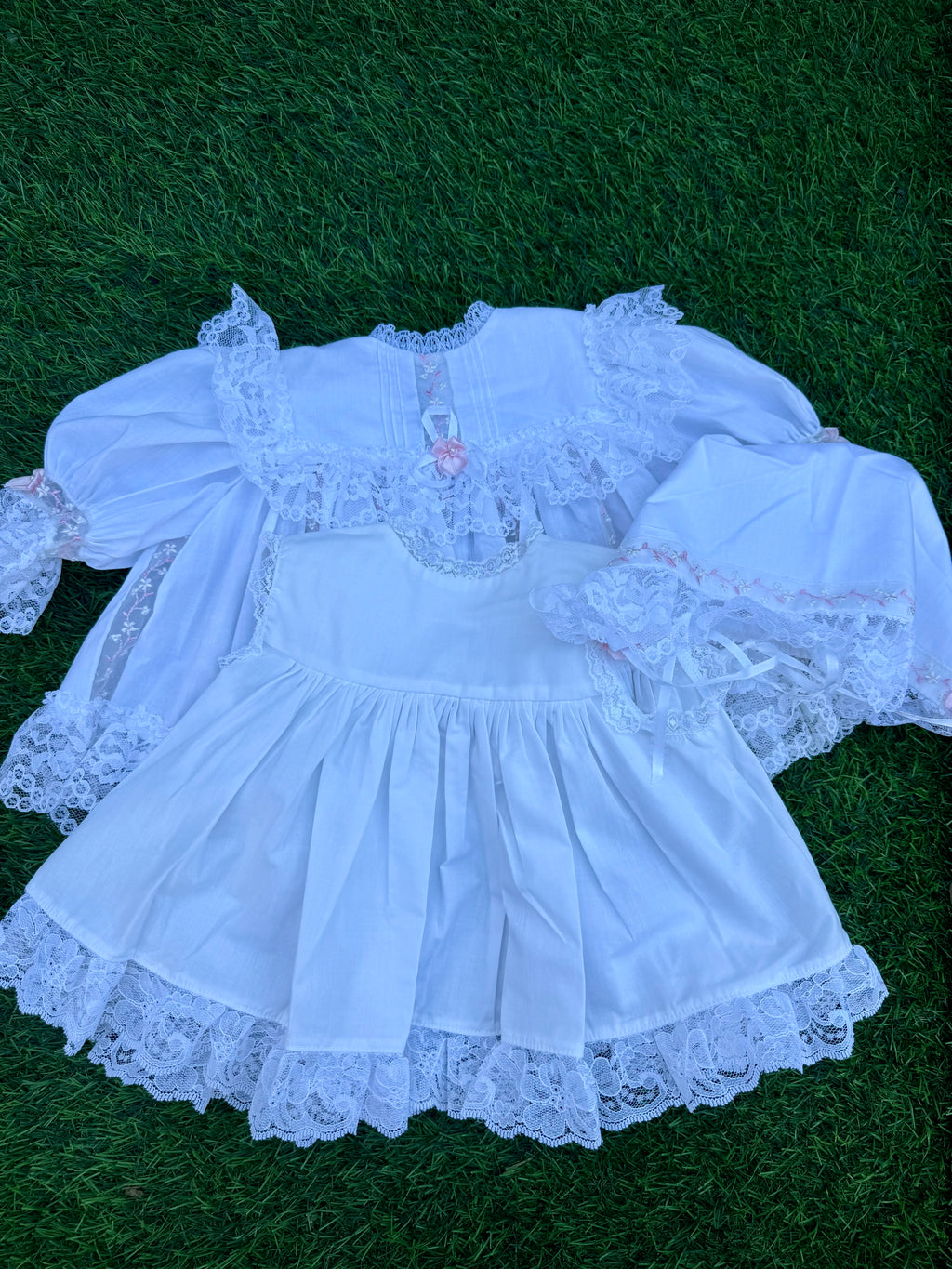 Handmade Pink Ribbon Lace Three-Piece Baby Set