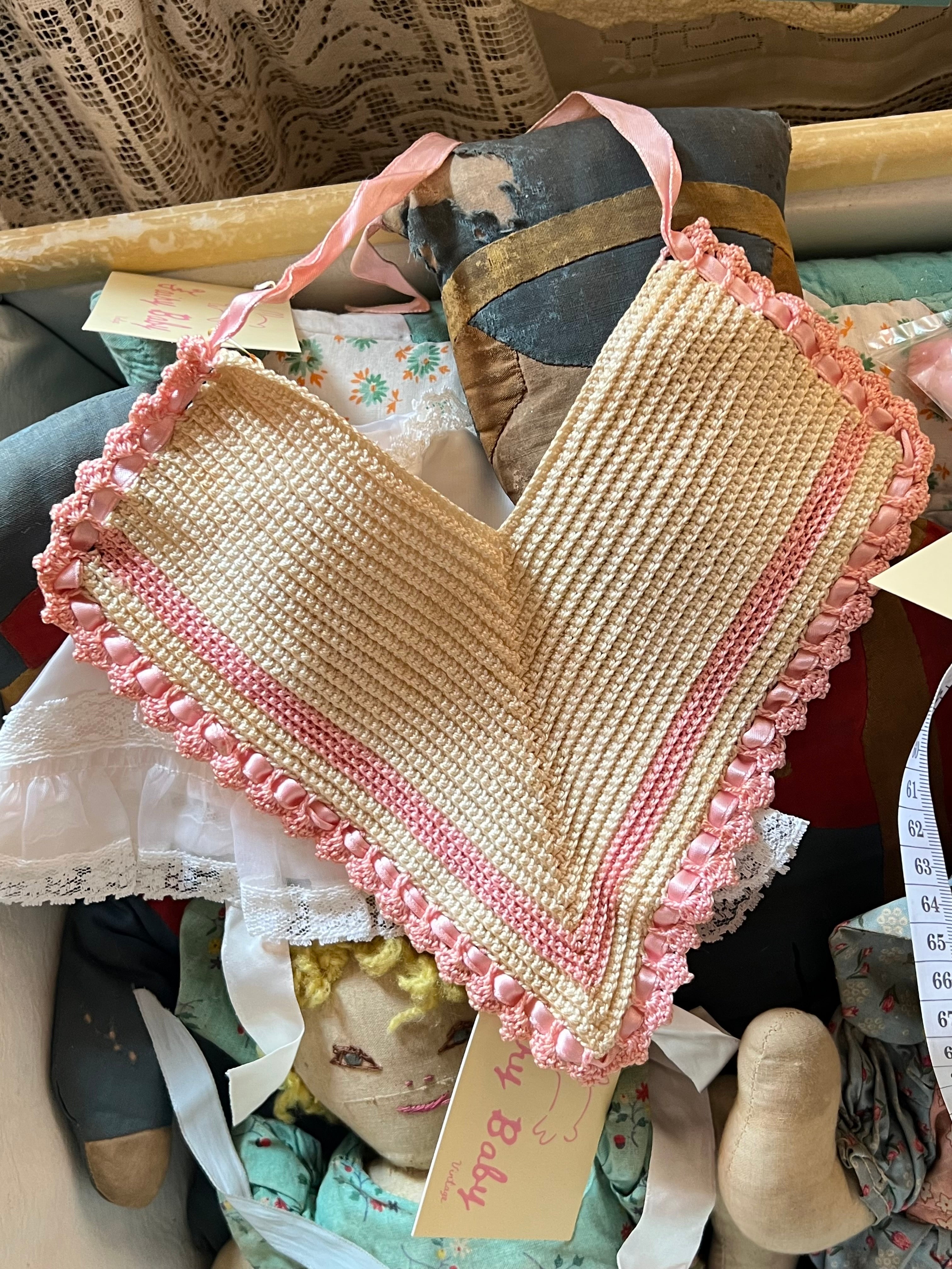 Sweet Pea Beige & Pink Triangular Hand-Crocheted Tie-Back Bib