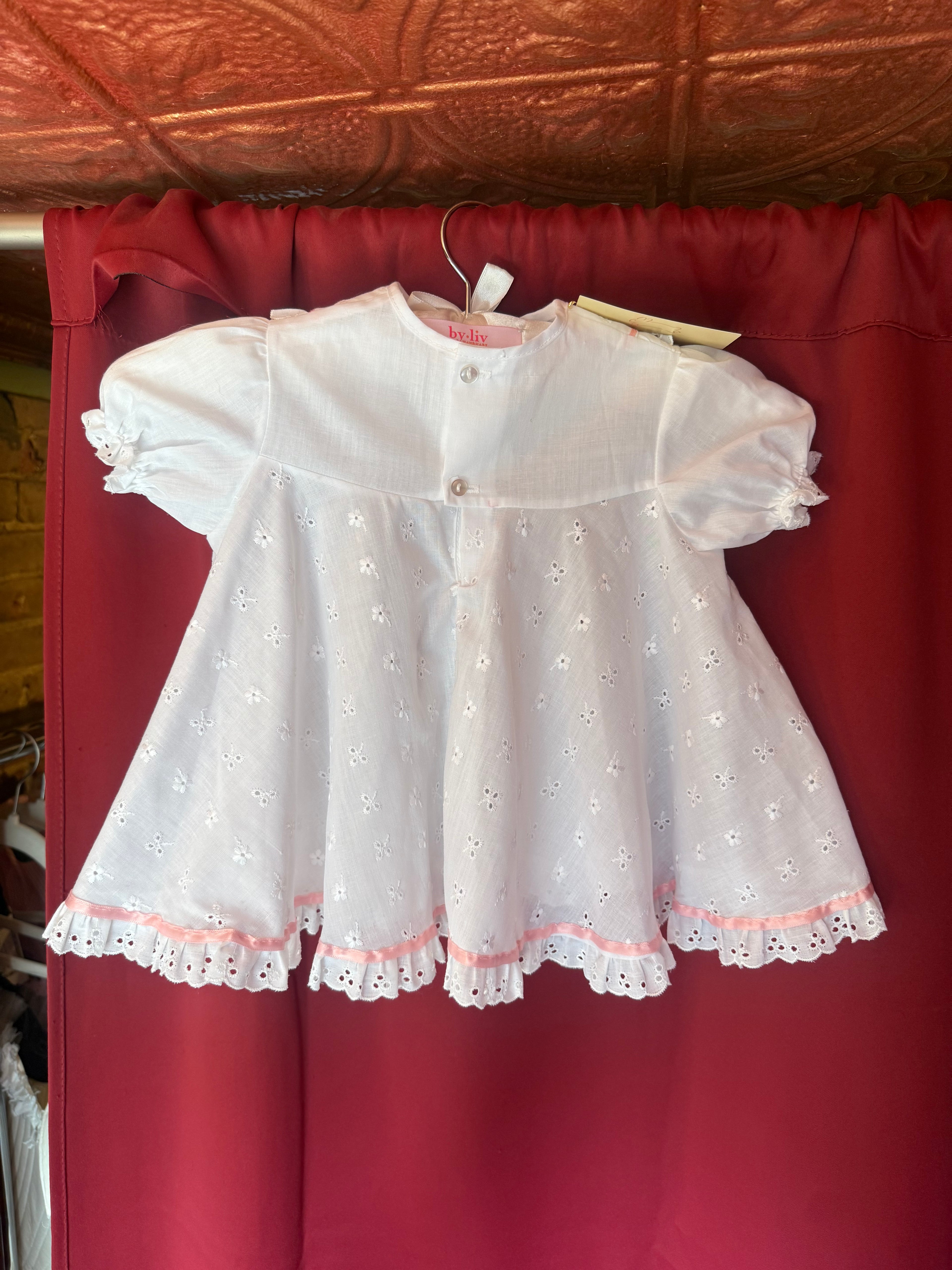 Late 1960s Vintage Haddad Brothers Pink Ribbon Eyelet Baby Dress