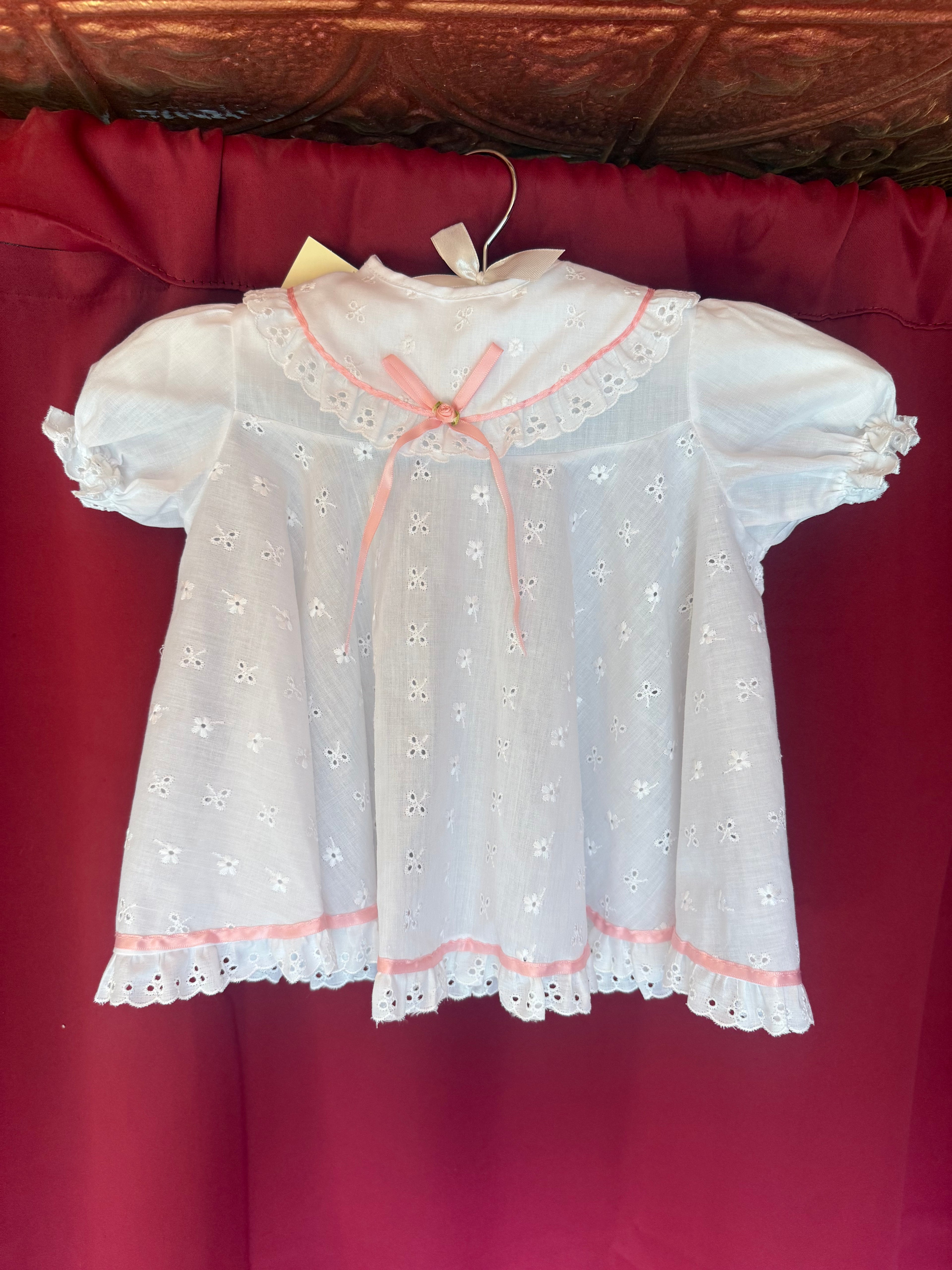 Late 1960s Vintage Haddad Brothers Pink Ribbon Eyelet Baby Dress