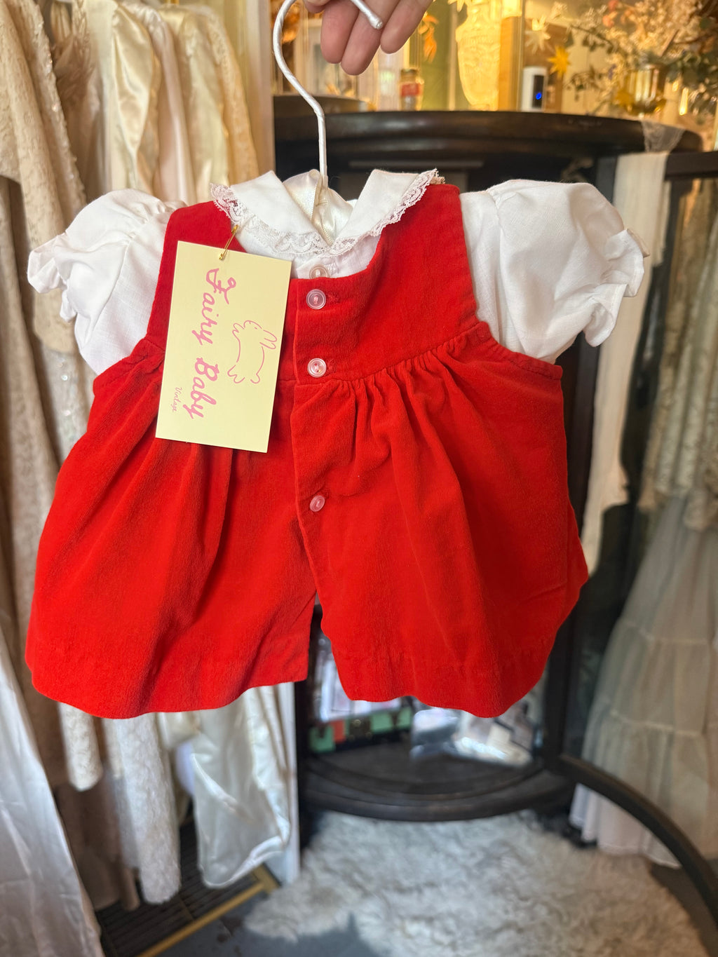 1960s-1970s Red Velvet Three-Piece Baby Set