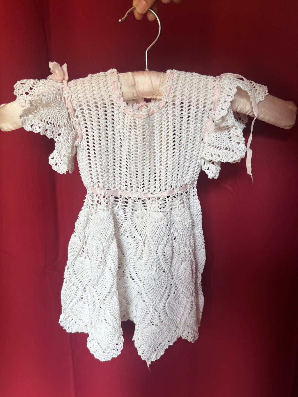 Victorian Blush Ribbon Hand-Crocheted Baby Dress