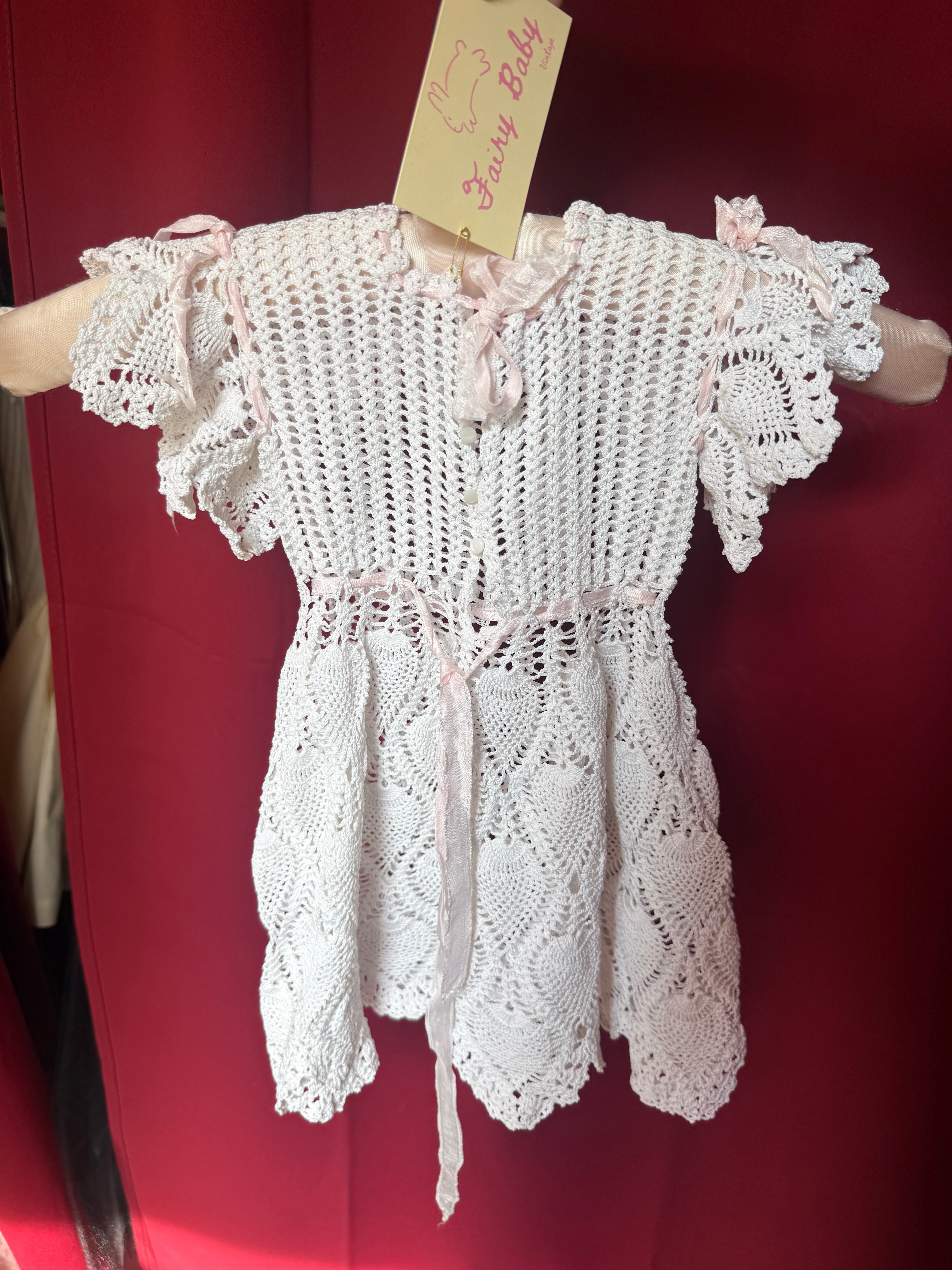 Victorian Blush Ribbon Hand-Crocheted Baby Dress