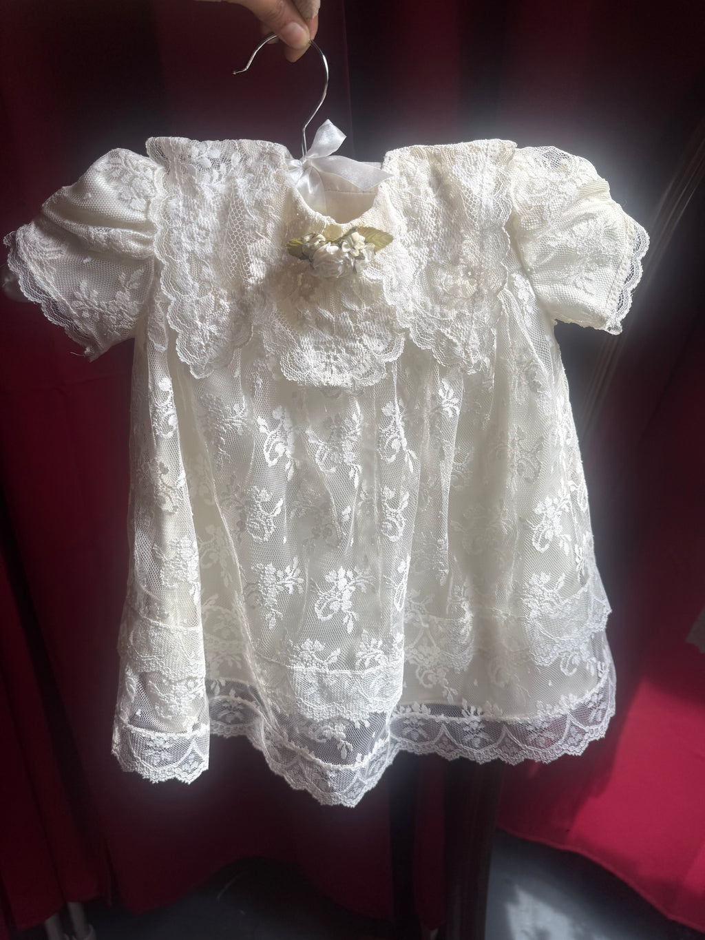 Late 1980s Jessica McClintock Rose Garden Lace Baby Dress