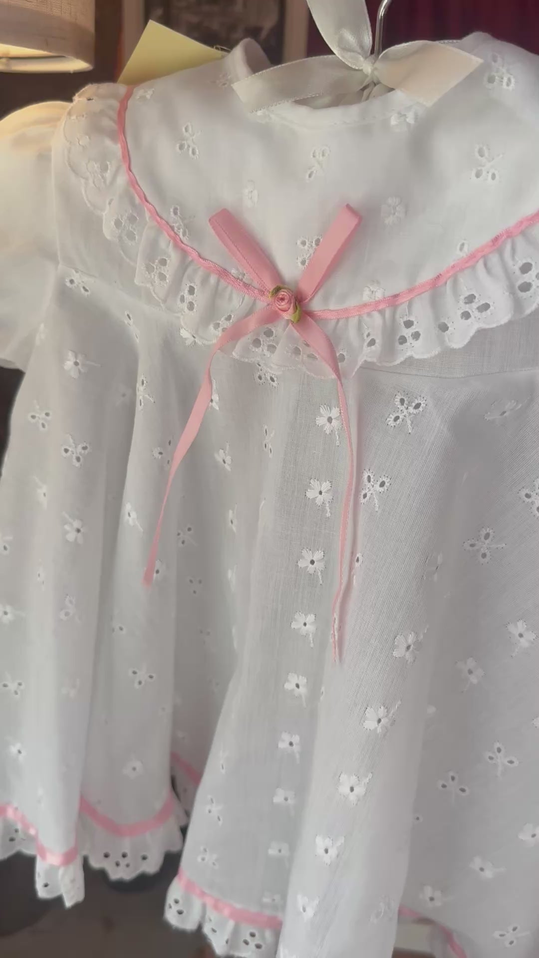 Late 1960s Vintage Haddad Brothers Pink Ribbon Eyelet Baby Dress